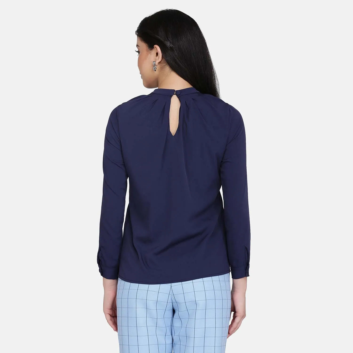 Navy Blue Crepe Sunrays Neck Top