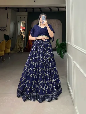 Navy Blue Crushed Georgette Lehenga Choli Set with Sequin Embroidery