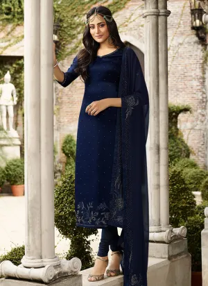 Navy Blue Crystal Embroidered Churidar Suit