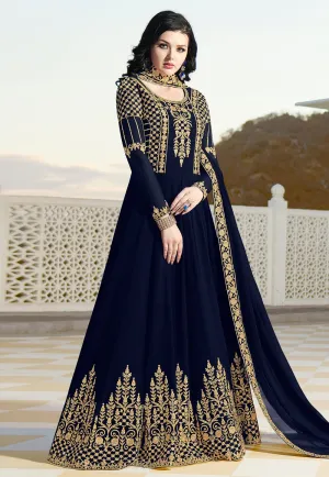 Navy Blue Elegant Embroidered Anarkali Suit