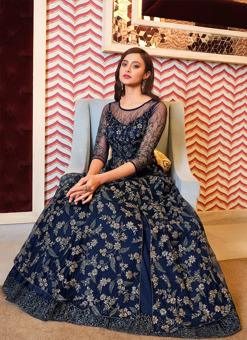 Navy Blue Embroidered Anarkali Lehenga Suit