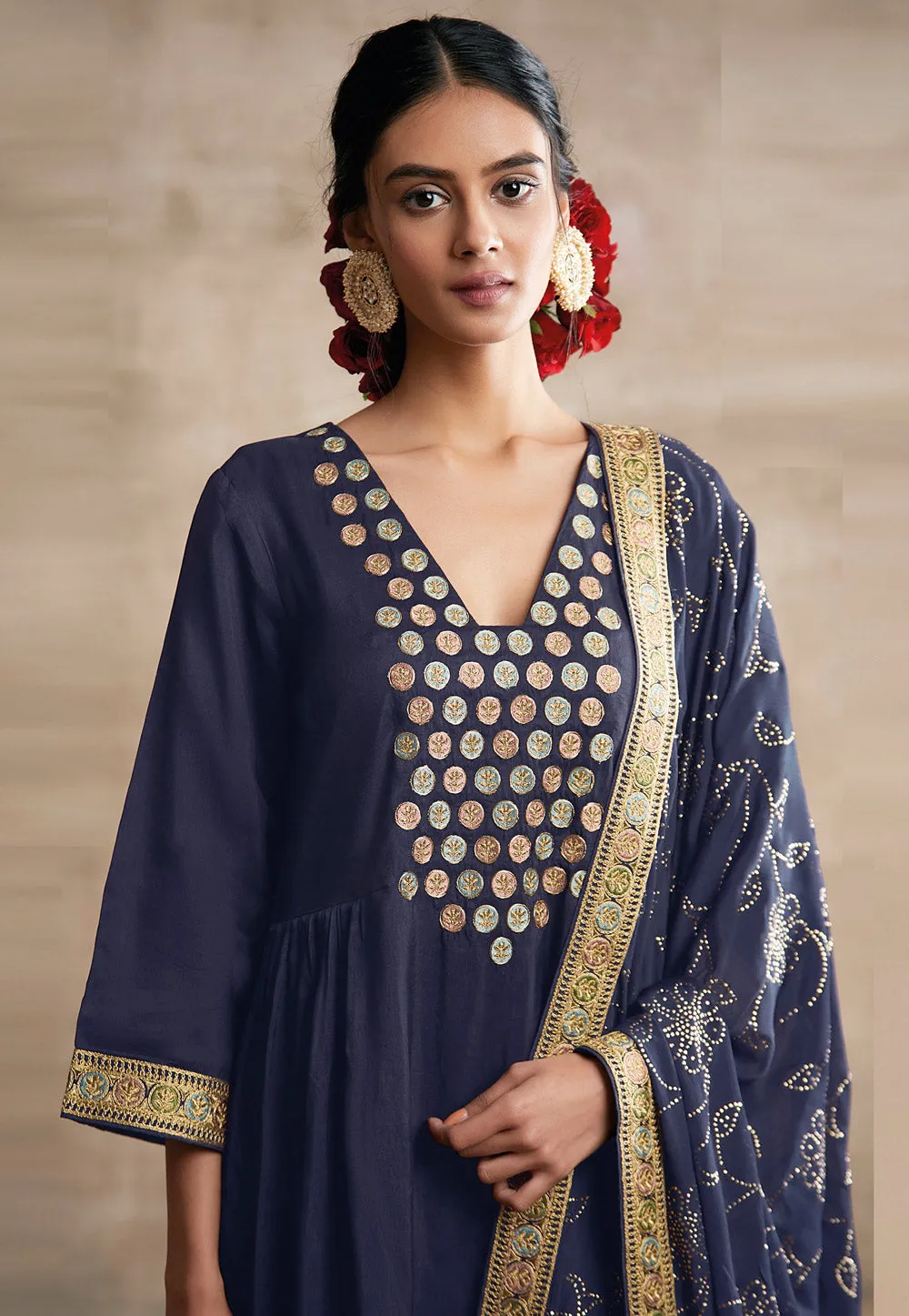 Navy Blue Embroidered Designer Palazzo Suit