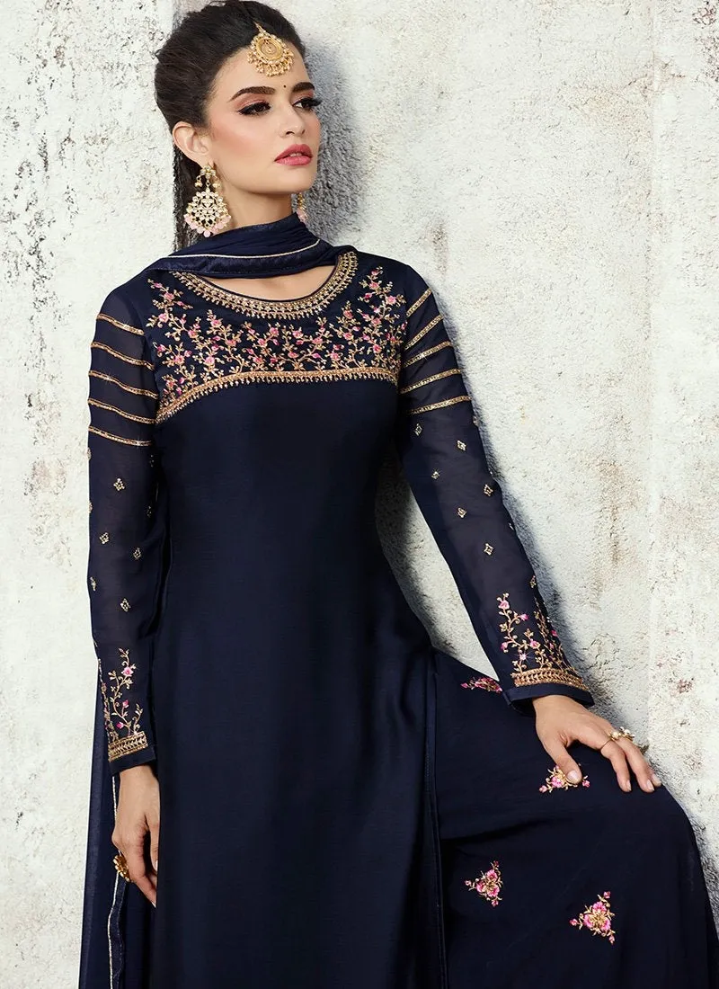 Navy Blue Embroidered Georgette Palazzo Suit