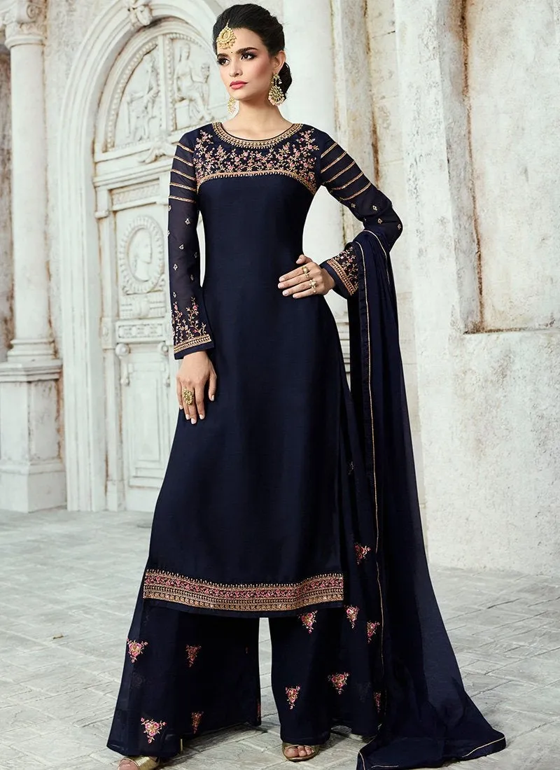 Navy Blue Embroidered Georgette Palazzo Suit