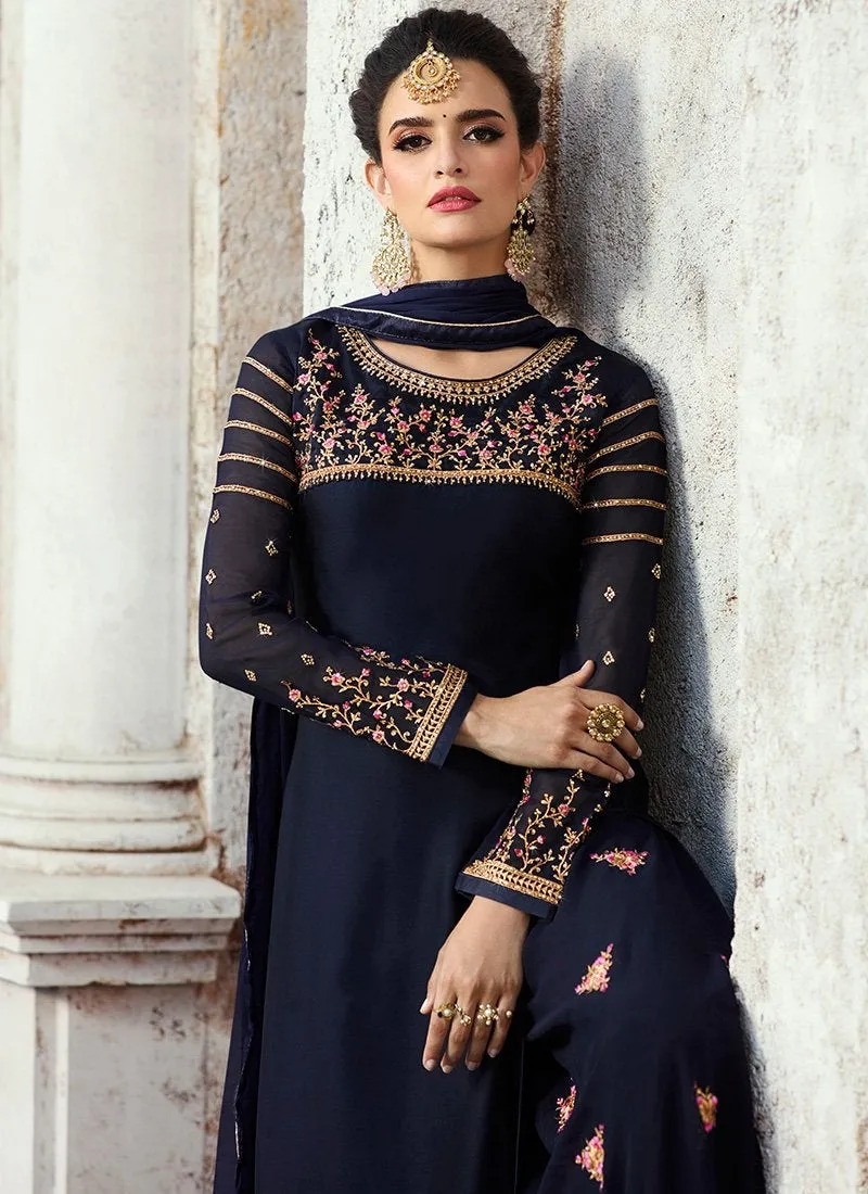 Navy Blue Embroidered Georgette Palazzo Suit