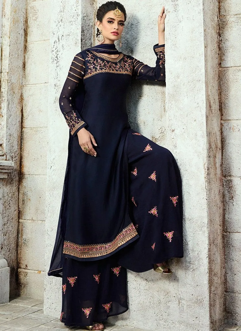 Navy Blue Embroidered Georgette Palazzo Suit