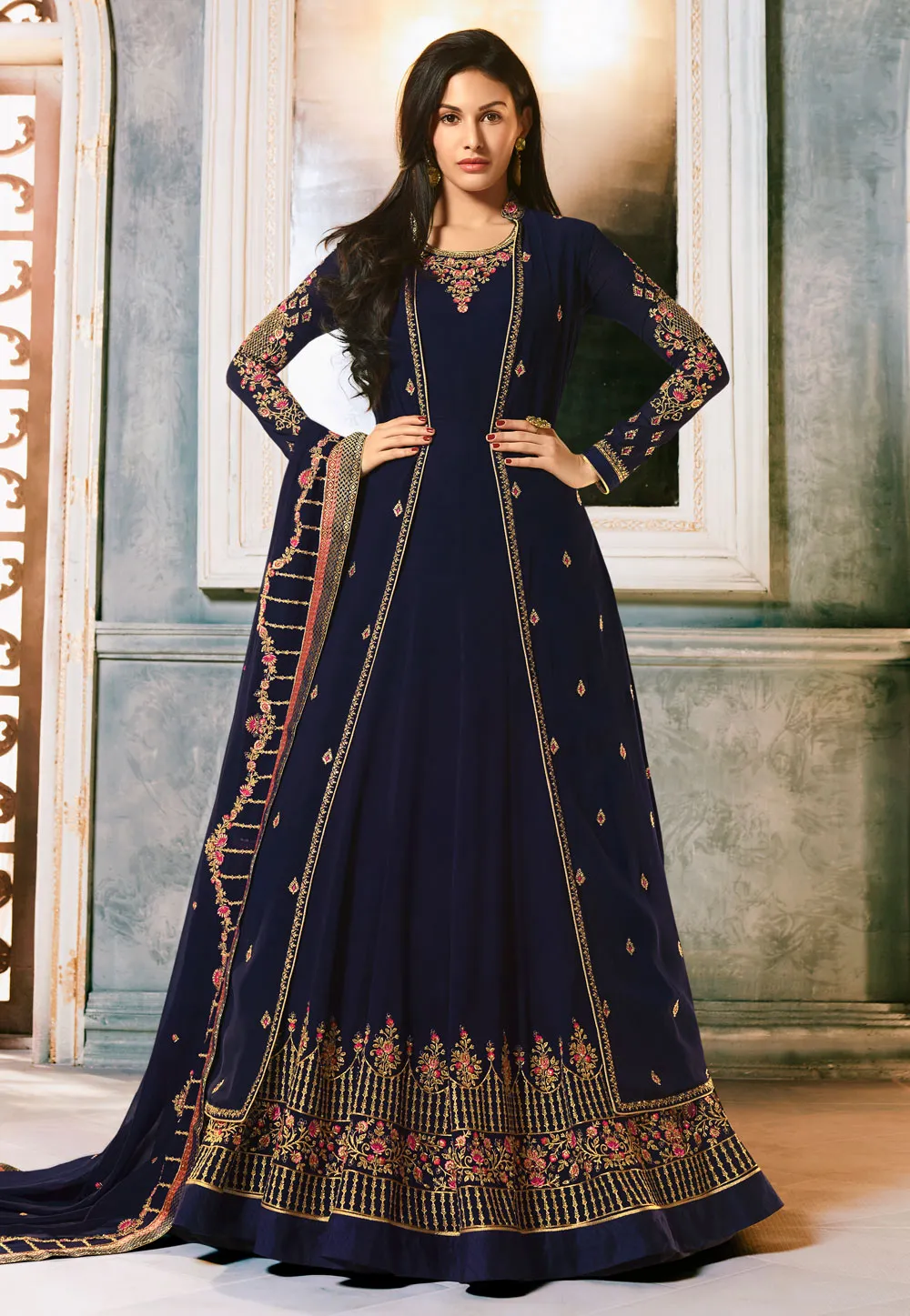 Navy Blue Embroidered Jacket Anarkali Suit