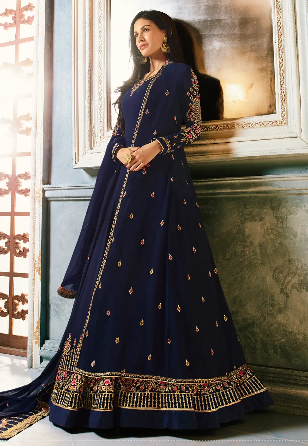 Navy Blue Embroidered Jacket Anarkali Suit