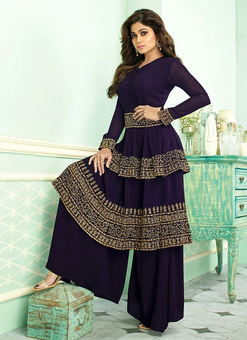 Navy Blue Embroidered Layered Style Palazzo Suit