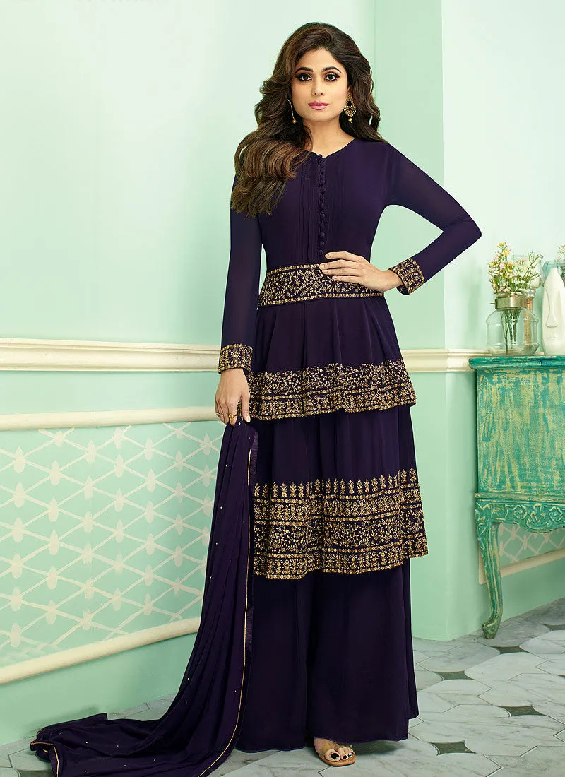 Navy Blue Embroidered Layered Style Palazzo Suit