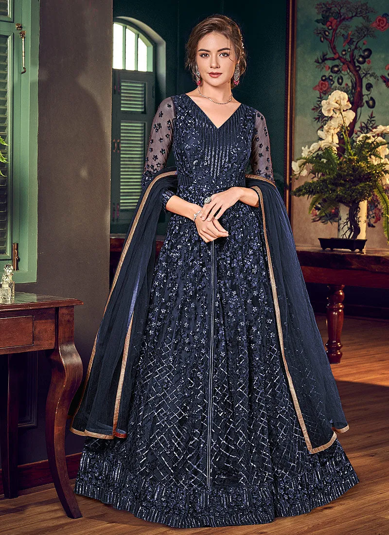 Navy Blue Embroidered Slit Style Anarkali Lehenga Suit