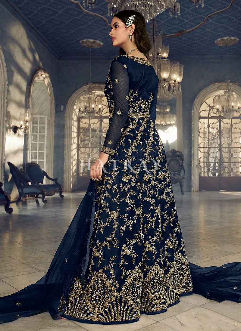 Navy Blue Embroidered Traditional Net Anarkali Suit