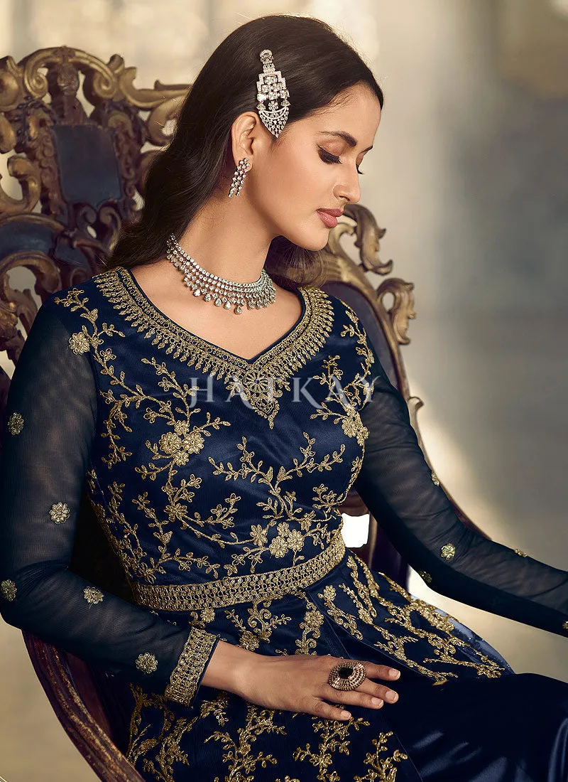 Navy Blue Embroidered Traditional Net Anarkali Suit