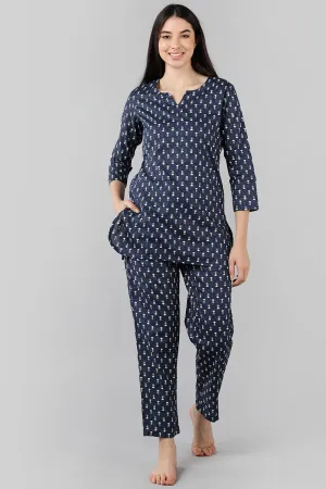 Navy Blue Ethnic Motifs Printed Night Suit