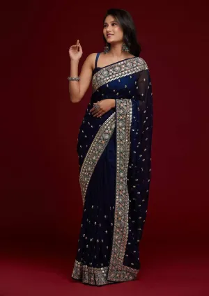 Navy Blue Floral Georgette Silk  Saree