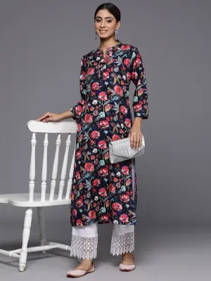 Navy Blue Floral Printed Straight Kurta