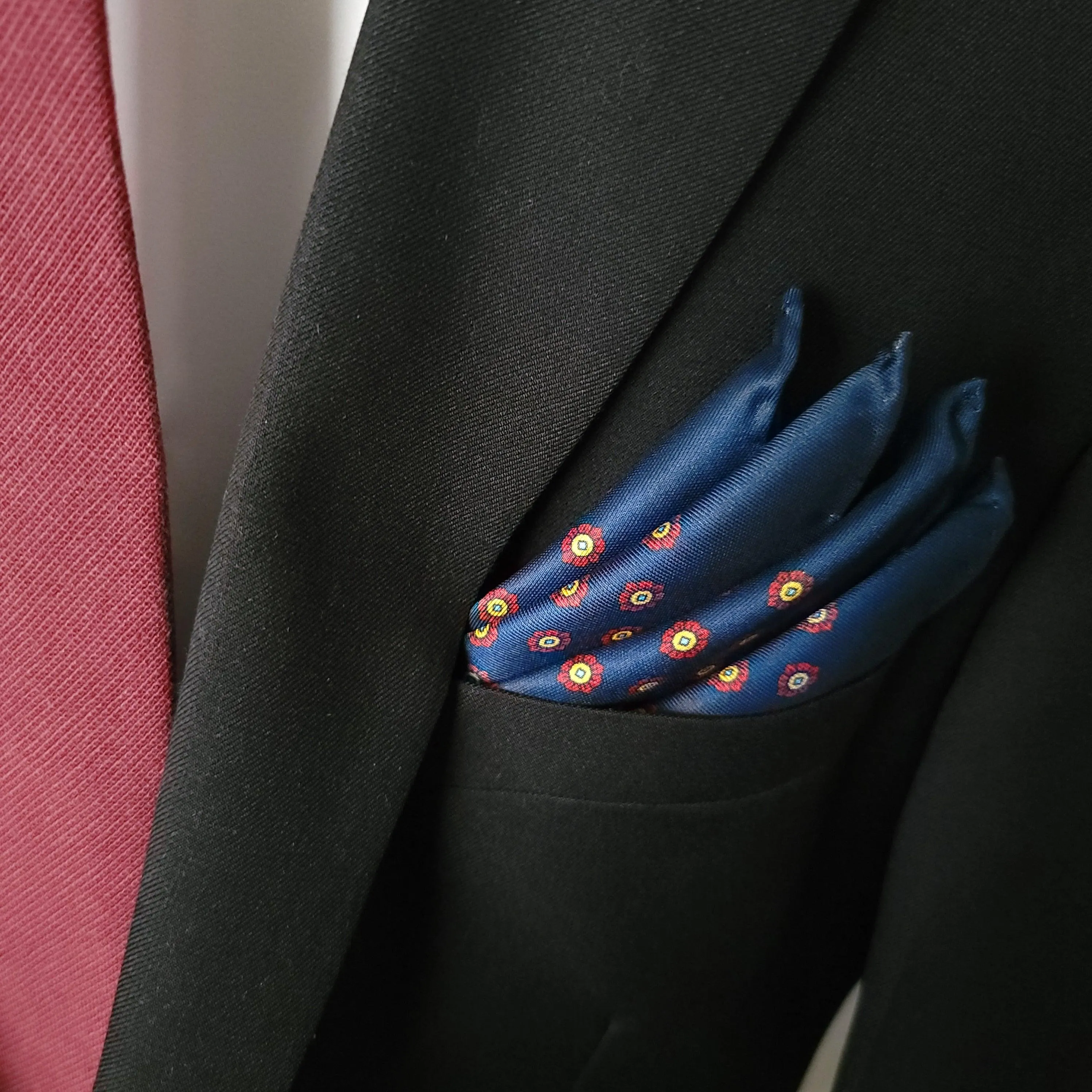 Navy Blue Floral Red Stylish and Elegant Silk Pocket Square