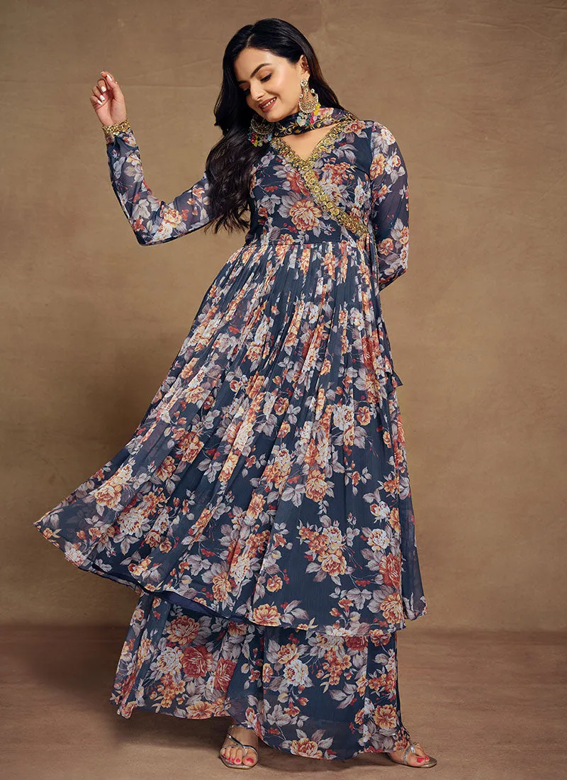 Navy Blue Floral Sequence Embroidery Anarkali Palazzo Suit