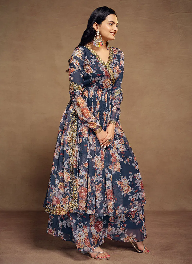 Navy Blue Floral Sequence Embroidery Anarkali Palazzo Suit