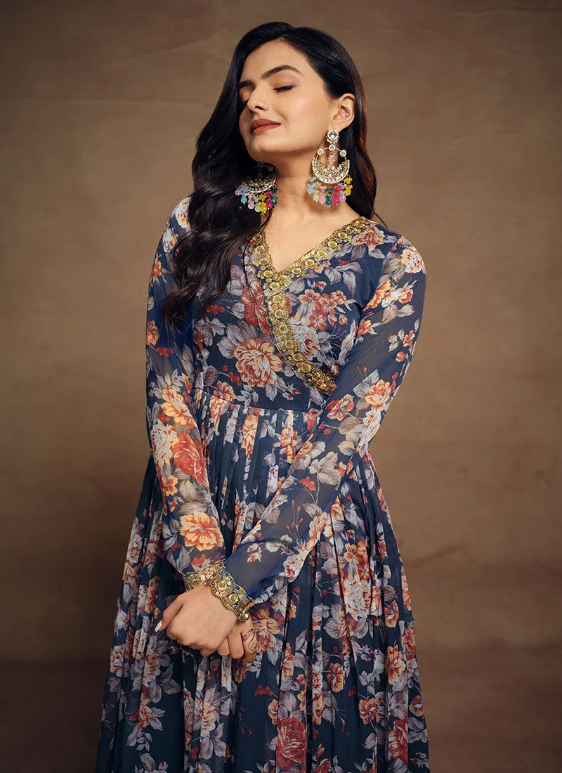 Navy Blue Floral Sequence Embroidery Anarkali Palazzo Suit