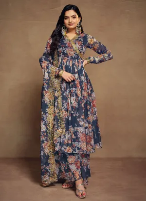 Navy Blue Floral Sequence Embroidery Anarkali Palazzo Suit