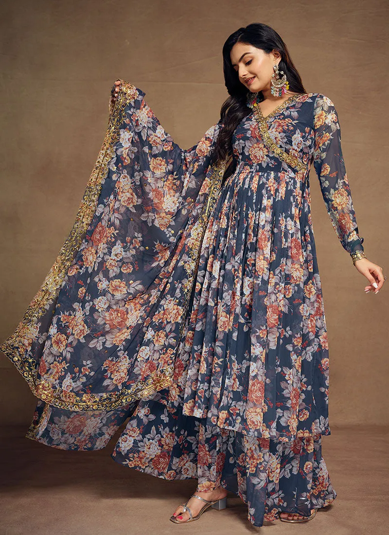 Navy Blue Floral Sequence Embroidery Anarkali Palazzo Suit