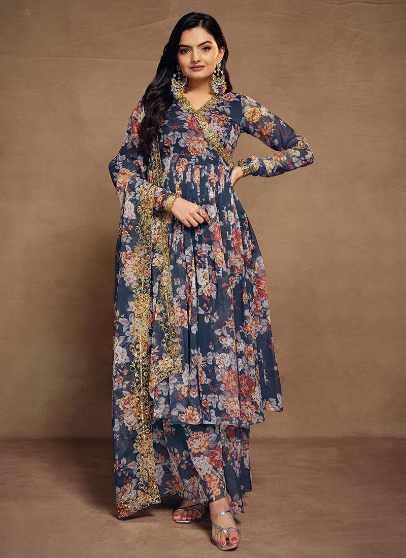 Navy Blue Floral Sequence Embroidery Anarkali Palazzo Suit