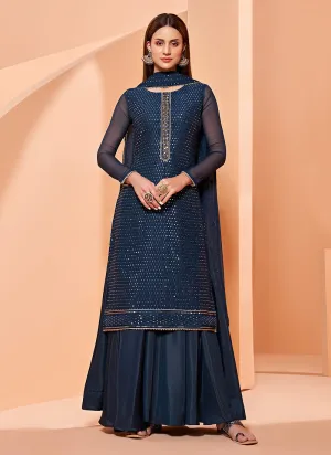 Navy Blue Georgette Designer Palazzo Suit