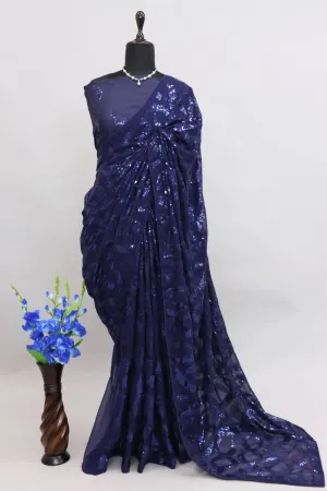 Navy Blue Georgette Premium Sequins Saree