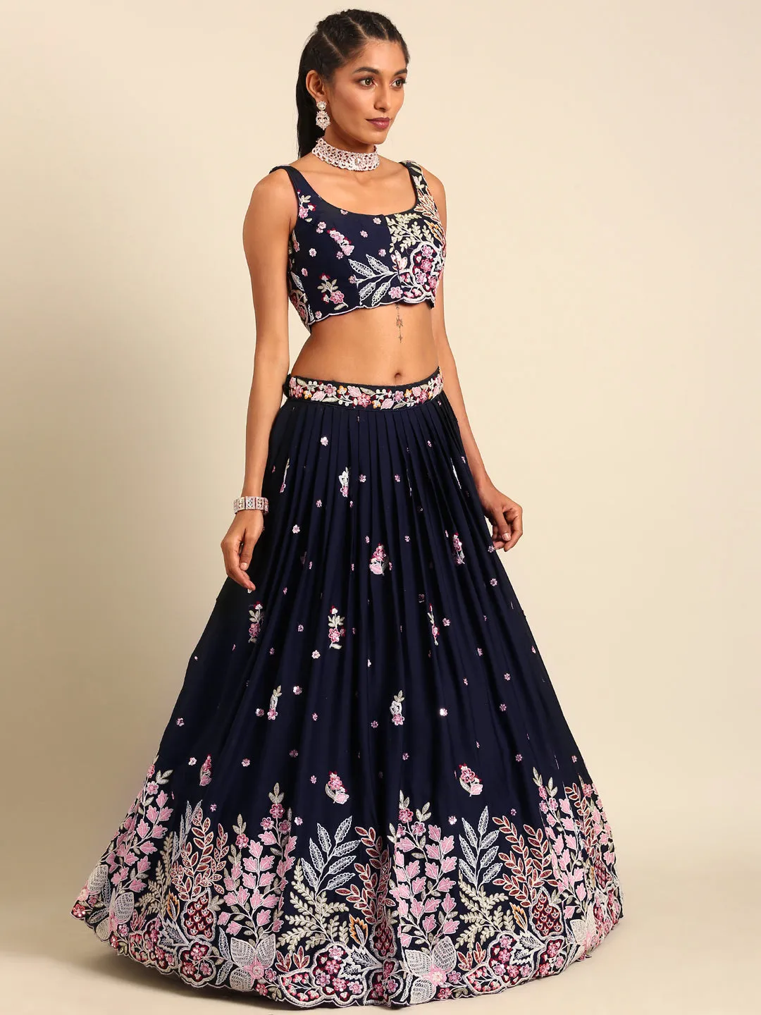 Navy blue Georgette Sequin-Thread embroidery Semi-Stitched Lehenga choli