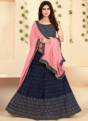 Navy Blue Golden Block Printed Georgette Lehenga Choli