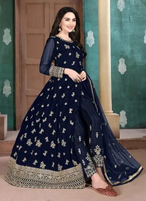 Navy Blue Golden Embroidered Anarkali Pant Suit