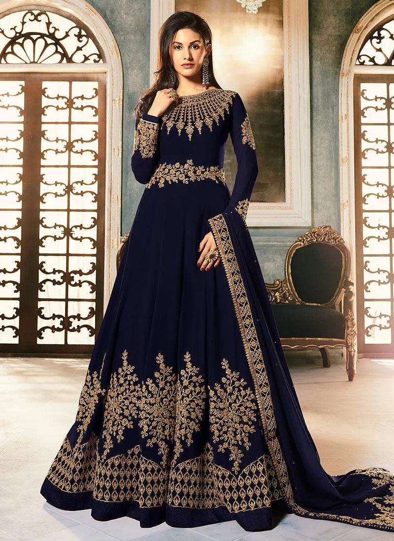 Navy Blue Golden Embroidered Anarkali Suit