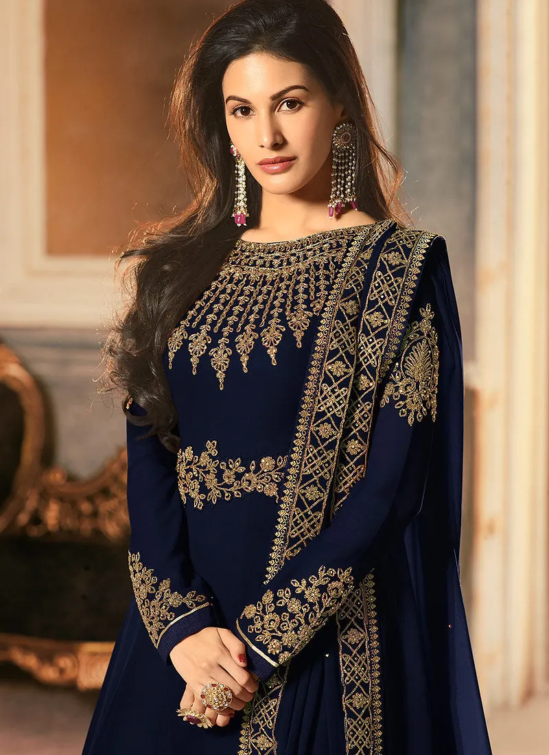 Navy Blue Golden Embroidered Anarkali Suit