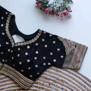 Navy Blue Golden Embroidered Blouse with Sequins – Caterpillar Silk Elegance