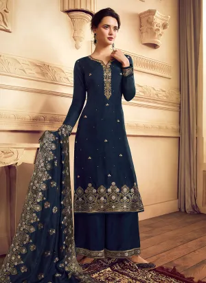 Navy Blue Golden Embroidered Designer Palazzo Suit