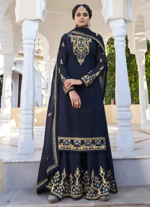 Navy Blue Golden Embroidered Gharara Palazzo Suit