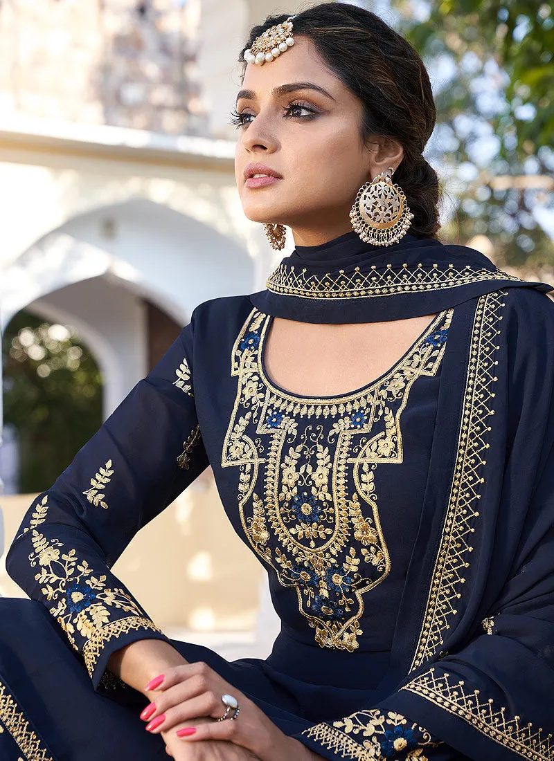 Navy Blue Golden Embroidered Gharara Palazzo Suit