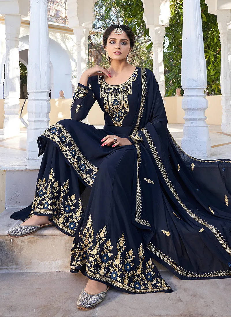 Navy Blue Golden Embroidered Gharara Palazzo Suit