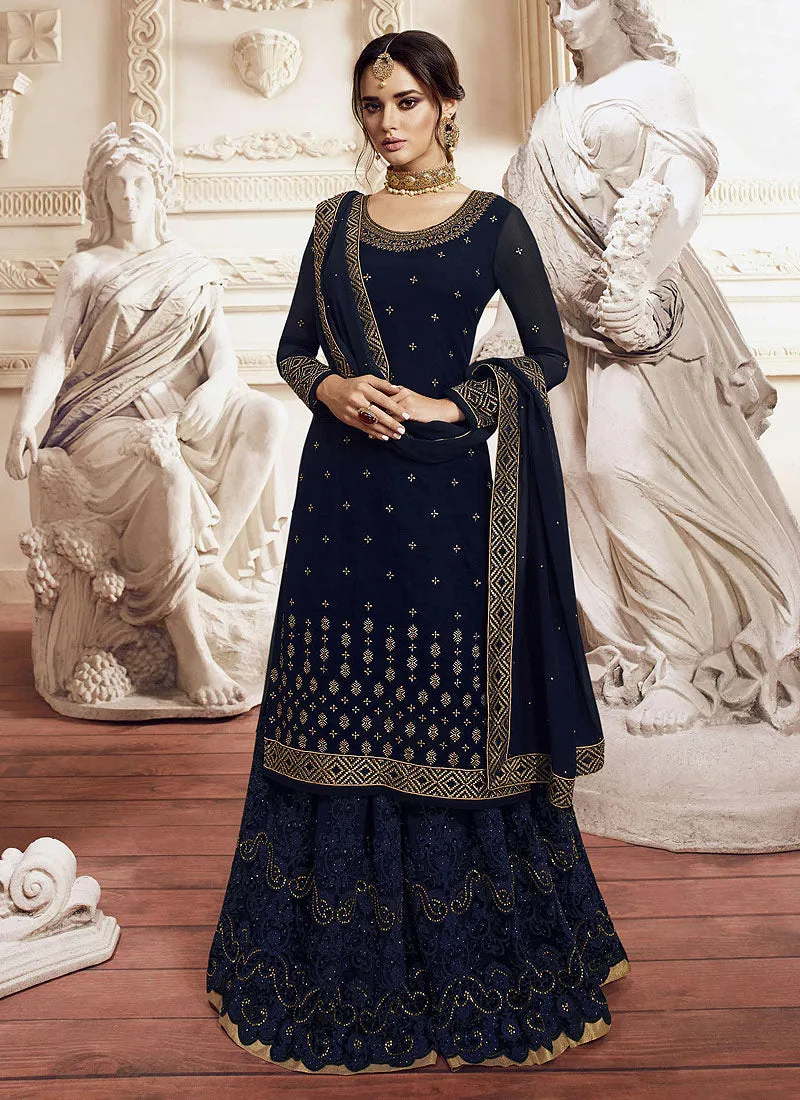 Navy Blue Golden Embroidered Gharara Suit