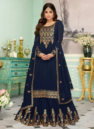 Navy Blue Golden Embroidered Sharara Style Suit