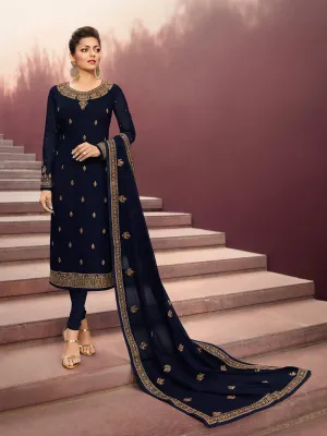 Navy Blue Golden Embroidered Traditional Churidar Suit