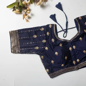 Navy Blue Golden Embroidered Vibrant Silk Blouse with Sequins