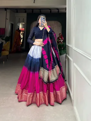 Navy Blue Handcrafted Shibori Print Lehenga Choli with Zari Border