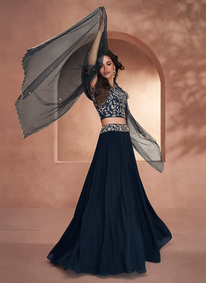 Navy Blue Handwork Embroidery Festive Lehenga Choli