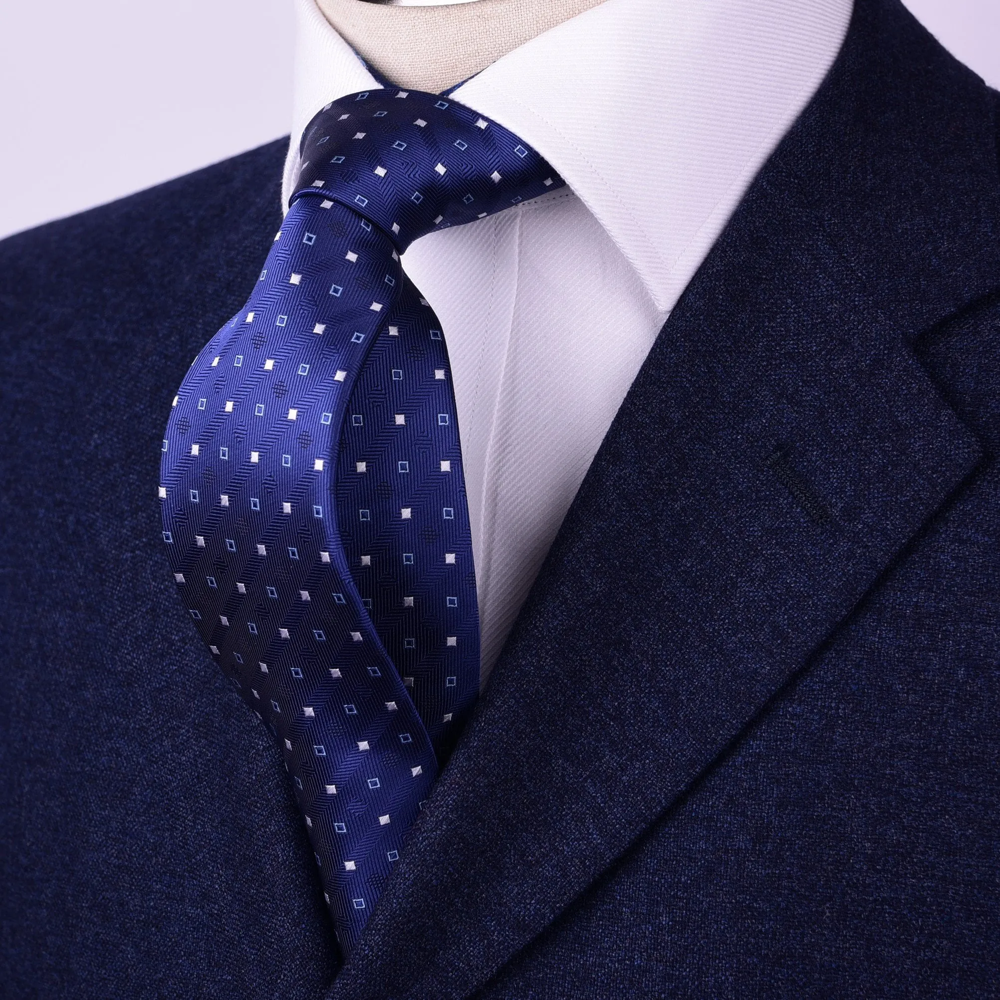 Navy Blue Herringbone Twill Skinny Tie with Contrast Studs Luxury Fashion 3"