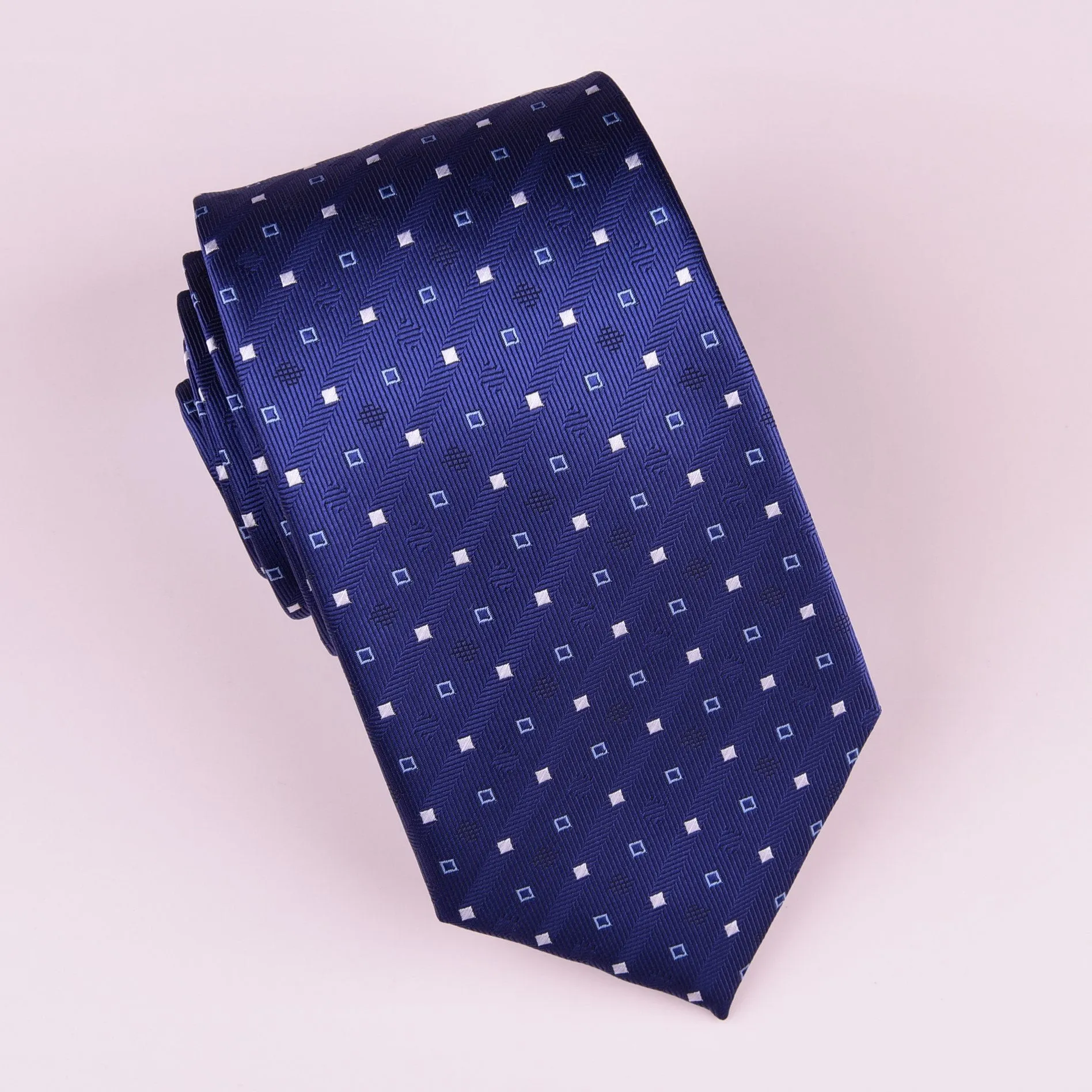 Navy Blue Herringbone Twill Skinny Tie with Contrast Studs Luxury Fashion 3"