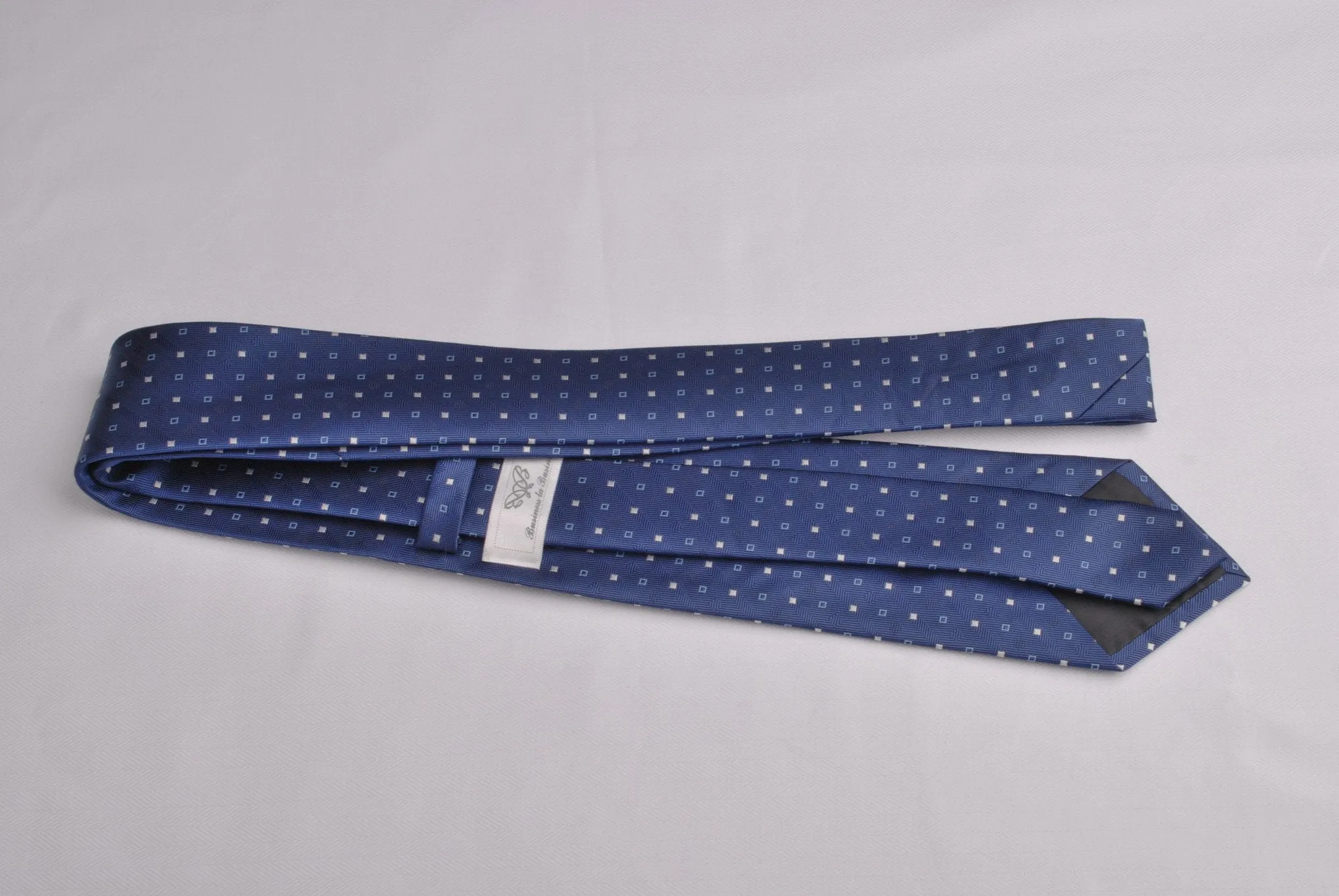 Navy Blue Herringbone Twill Skinny Tie with Contrast Studs Luxury Fashion 3"