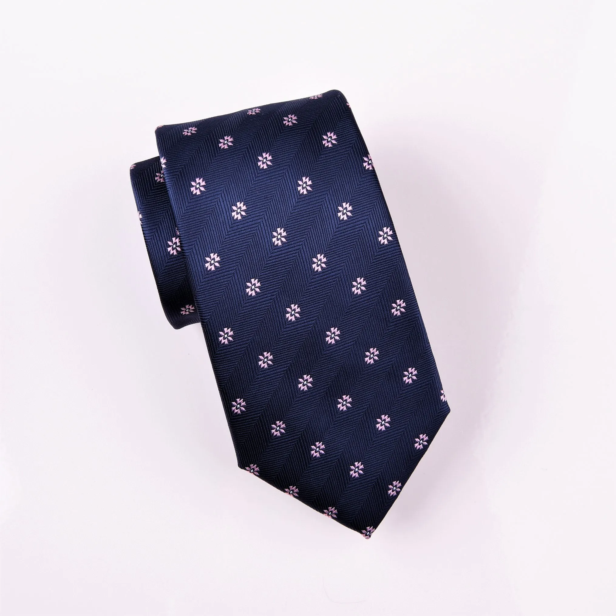 Navy Blue Herringbone Twill Stripe Modern Tie Electric Emblem Floral 3"