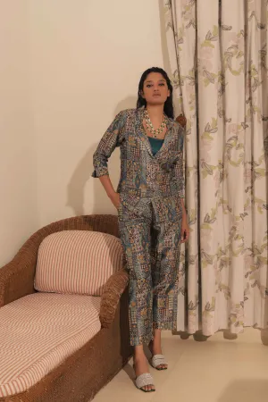 Navy Blue Jacquard Banarasi Brocade Blazer With Pant